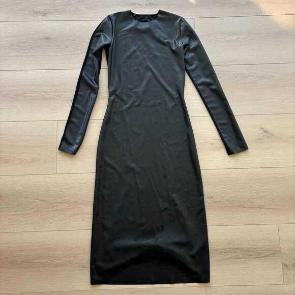 MM6 Maison Margiela Black Bodycon Midi Dress Vegan Leather Long Sleeve - Picture 3 of 4